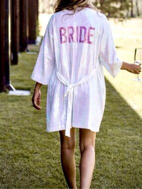 Hayley Paige Bride sequin white robe kimono for wedding, bachelorette size small